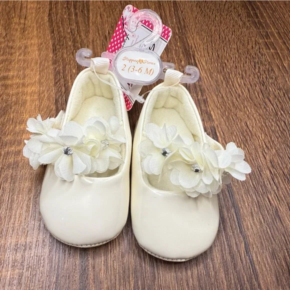 Pink black ivory baby girl formal dress shoes size 2 bows flowers 3-6 months - Picture 4 of 9